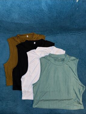 4 Ribbed Sleeveless Crop Tops - Sage Green, White, Black & Mocha Brown